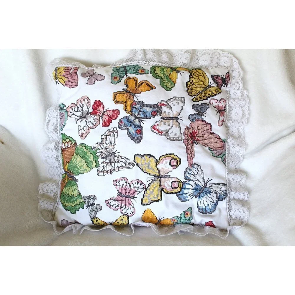 Handmade Butterflies Needlepoint Pillow cross stitch Multicolor Lace edges